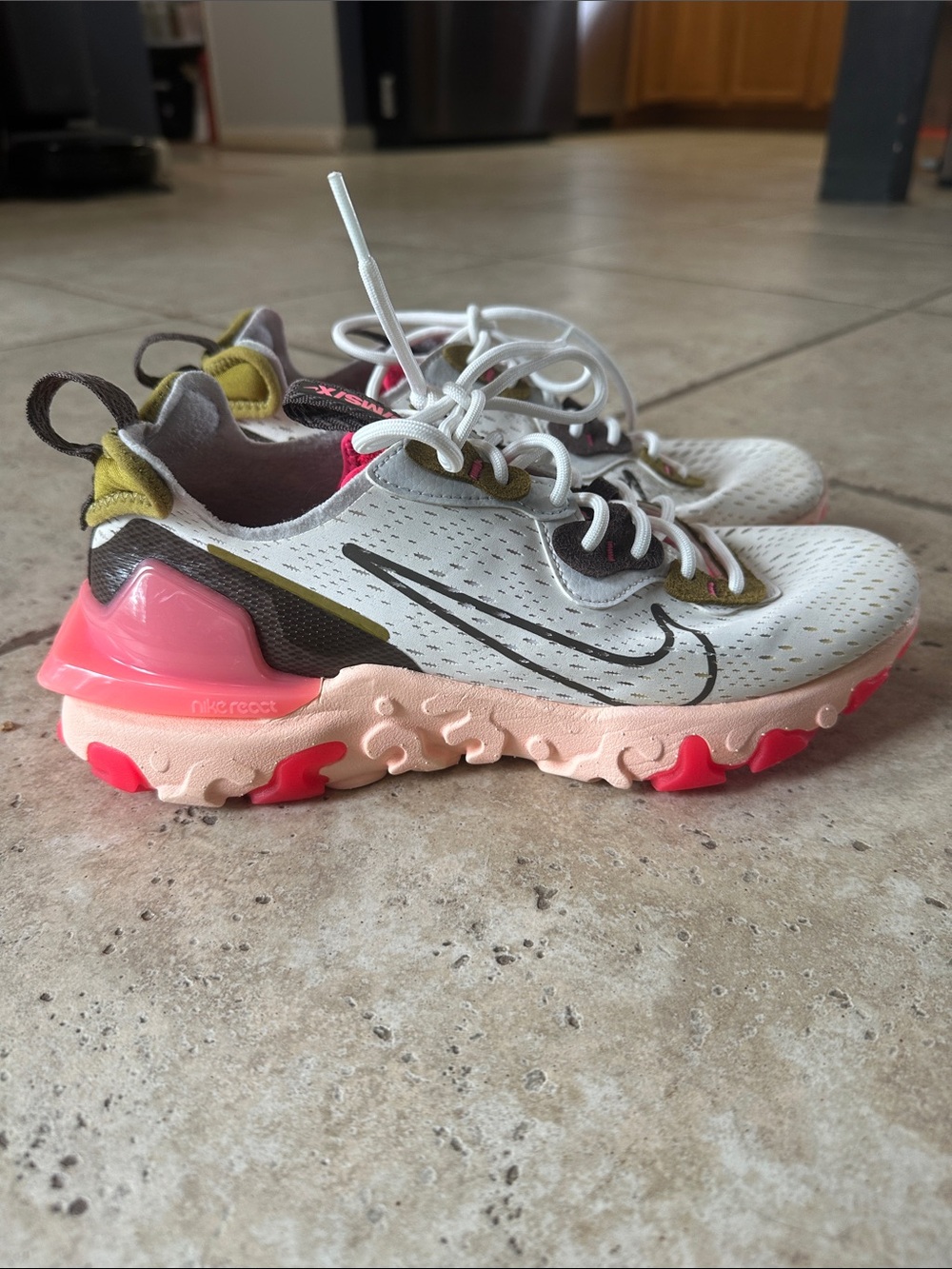 Womens NIKE React Vision in White with Pink & Olive Accents